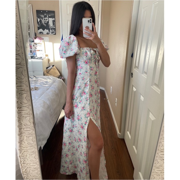 Puff Sleeve High Slit Floral Print Dress - Picture 2 of 9